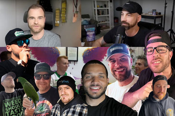 Collage of cannabis influencers and growers from YouTube and social media, sharing cultivation tips, strain reviews, and growing techniques.