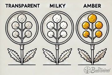 Infographic showing cannabis trichome stages: transparent, milky, and amber, used to determine harvest timing.