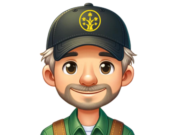 Cartoon mascot of a smiling cannabis grower wearing a BudTrainer logo cap.