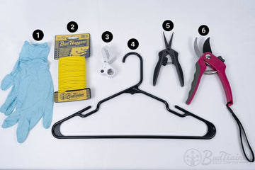 Essential cannabis harvesting tools including gloves, Bud Huggers plant ties, magnifier, hanger, trimming scissors, and pruning shears.