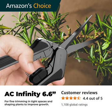 AC Infinity 6.6-inch garden shear trimming branches outdoors, Amazon’s Choice tool for precision cutting and plant shaping in tight spaces.