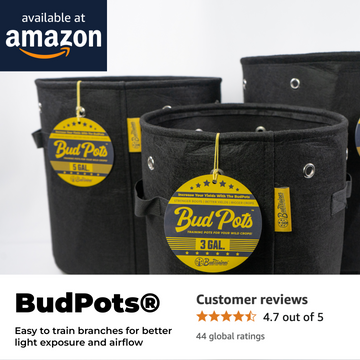 "BudTrainerĀ® BudPotsĀ® fabric grow bags in 3 and 5-gallon sizes, available on Amazon, designed for low stress training with better light exposure and airflow.