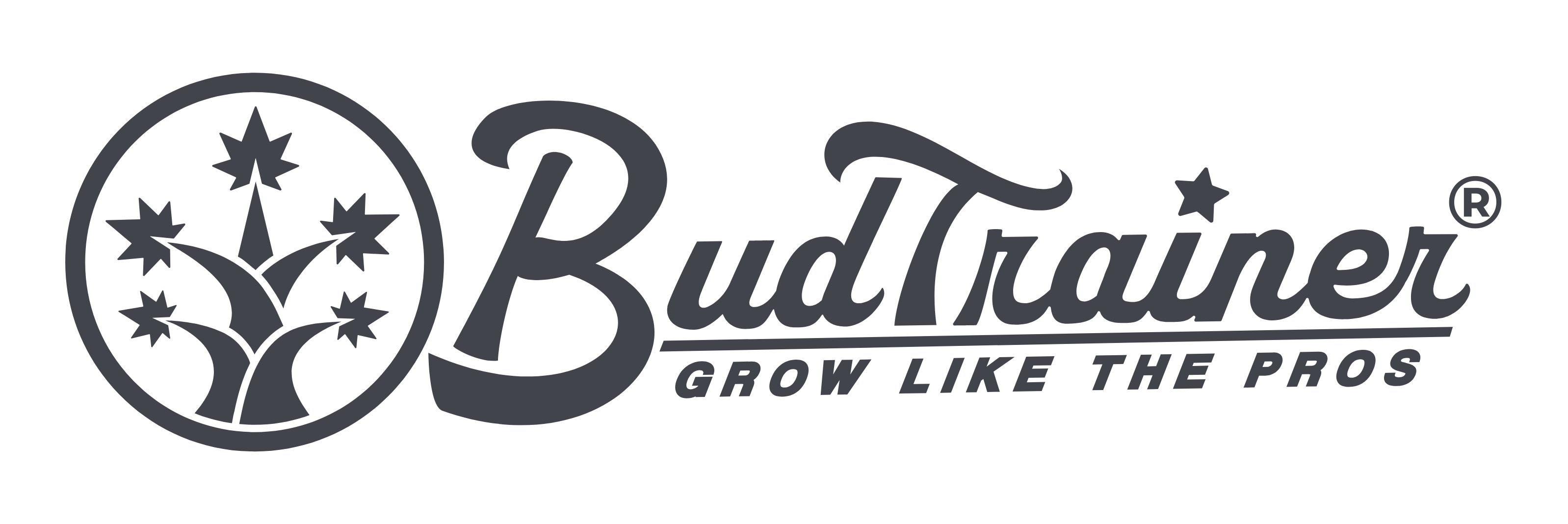 BudTrainer logo in grey with transparent background and Grow Like The Pros tagline.