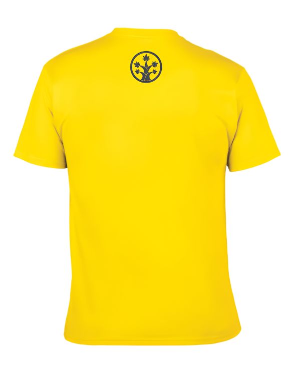 Front view of a yellow BudTrainer t-shirt with black BudTrainer logo and slogan ‘Grow Like The Pros’.
