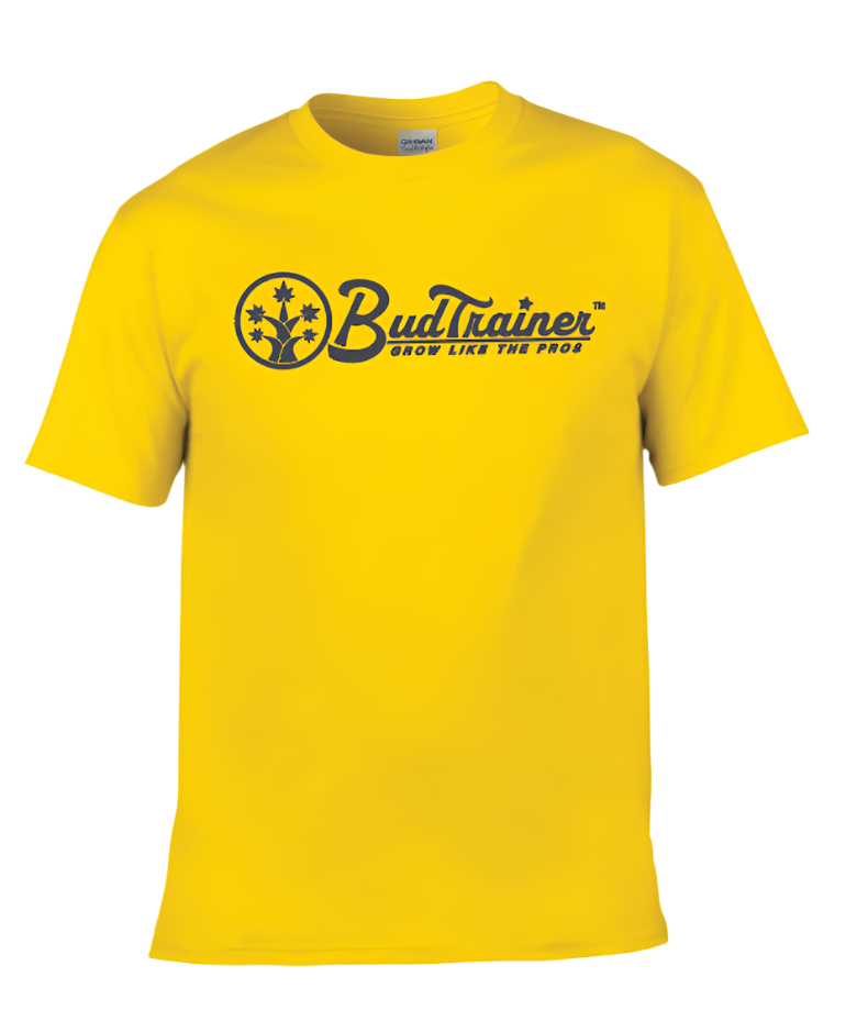 Front view of a yellow BudTrainer t-shirt with black BudTrainer logo and slogan ‘Grow Like The Pros’.