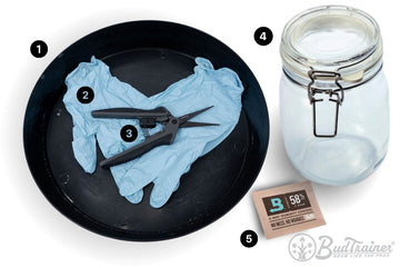 Cannabis trimming tools including gloves, trimming tray, scissors, glass curing jar, and humidity control pack.