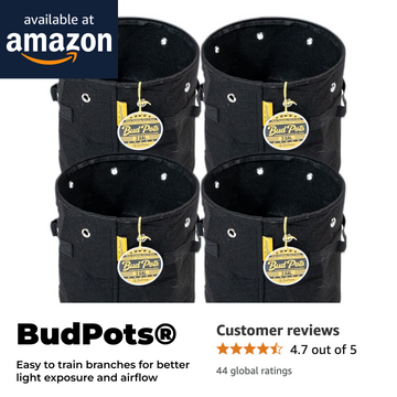 Four-pack of BudTrainer® BudPots® 3-gallon fabric training pots, available on Amazon, designed for better airflow, light exposure, and branch training.