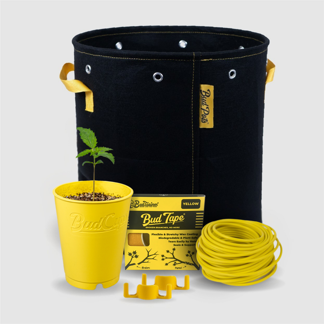Black grow bag, yellow pot with plant, yellow tape, and clips on a light gray background