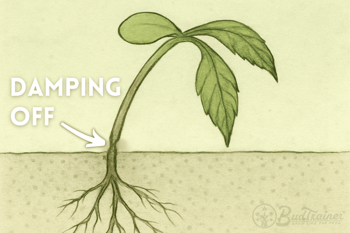 Illustration of a plant with damping off labeled, showing roots and leaves on a beige background.