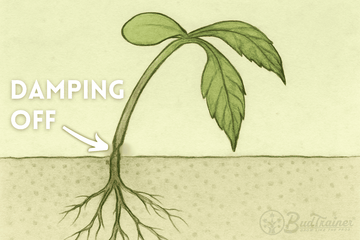 Illustration of a plant with damping off labeled, showing roots and leaves on a beige background.