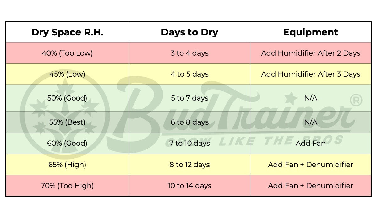 Table showing drying times for cannabis based on relative humidity (R.H.) in the drying space. The columns include ‘Dry Space R.H.’, ‘Days to Dry’, and ‘Equipment’. Relative humidity (R.H.) values range from 40% to 70%, with the ideal range being 50% to 60%. At 40% (too low), drying takes 3 to 4 days and a humidifier is needed after 2 days. At 45% (low), drying takes 4 to 5 days with a humidifier added after 3 days. The best R.H. is 55%, allowing for 6 to 8 days of drying. At 70% (too high), drying takes 10