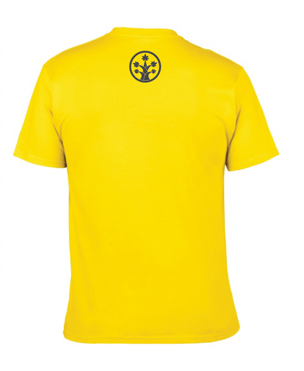 BudTrainer T-Shirt Yellow with dark grey icon on top of the spine area - Back image on white background