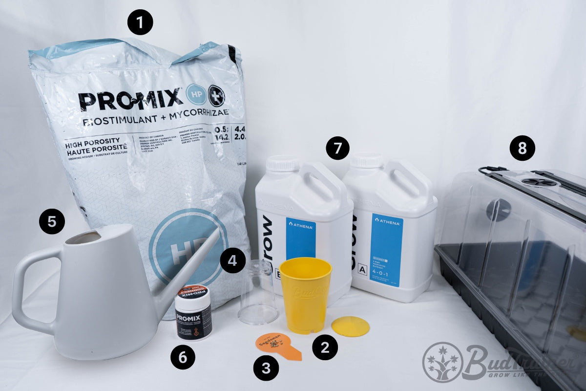 Essential tools and supplies for planting cannabis seeds :Soil or other media, BudCups, nursery pot, or plastic cup, Feminized seeds, See-thru cup or dome, Tap water or RO water, Mycorrhizal fungi, Veg stage nutrients, CFL light & mat heater