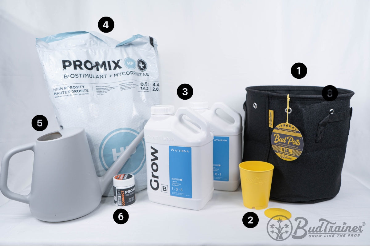 Tools and materials for planting cannabis seeds. Includes a BudTrainer 5-gallon fabric BudPot (1), yellow BudCup seed starter (2), Athena Grow nutrients (3), ProMix HP soil mix (4), grey watering can (5), ProMix Connect Mycorrhizae inoculant (6), and a plant tag attached to the BudPot (8)