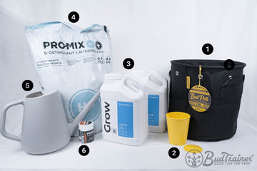 Tools and materials for planting cannabis seeds. Includes a BudTrainer 5-gallon fabric BudPot (1), yellow BudCup seed starter (2), Athena Grow nutrients (3), ProMix HP soil mix (4), grey watering can (5), ProMix Connect Mycorrhizae inoculant (6), and a plant tag attached to the BudPot (8)