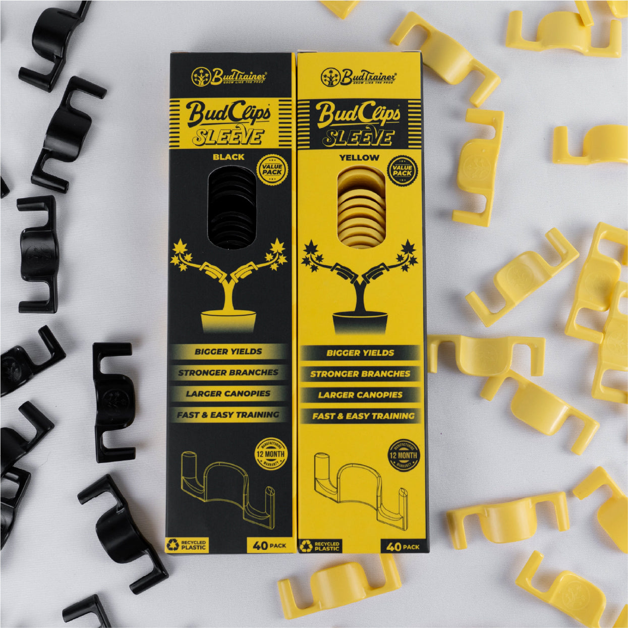 BudTrainer BudClips Sleeve 40-pack in black and yellow for easy cannabis plant training and bigger yields.