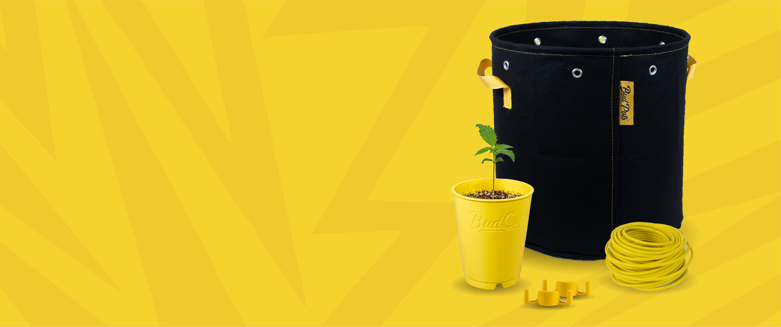 BudTrainer cannabis growing kit with BudPot fabric pot, BudCup seedling cup, BudHuggers plant ties, and BudClips branch training clips.