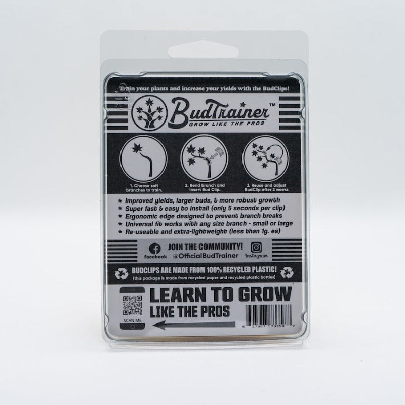 Back of a BudClips low stress training lst clips package with instructions on how to use them