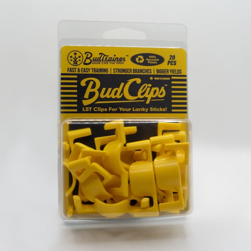 Front of a BudClips low stress training lst clips package with 20 BudClips